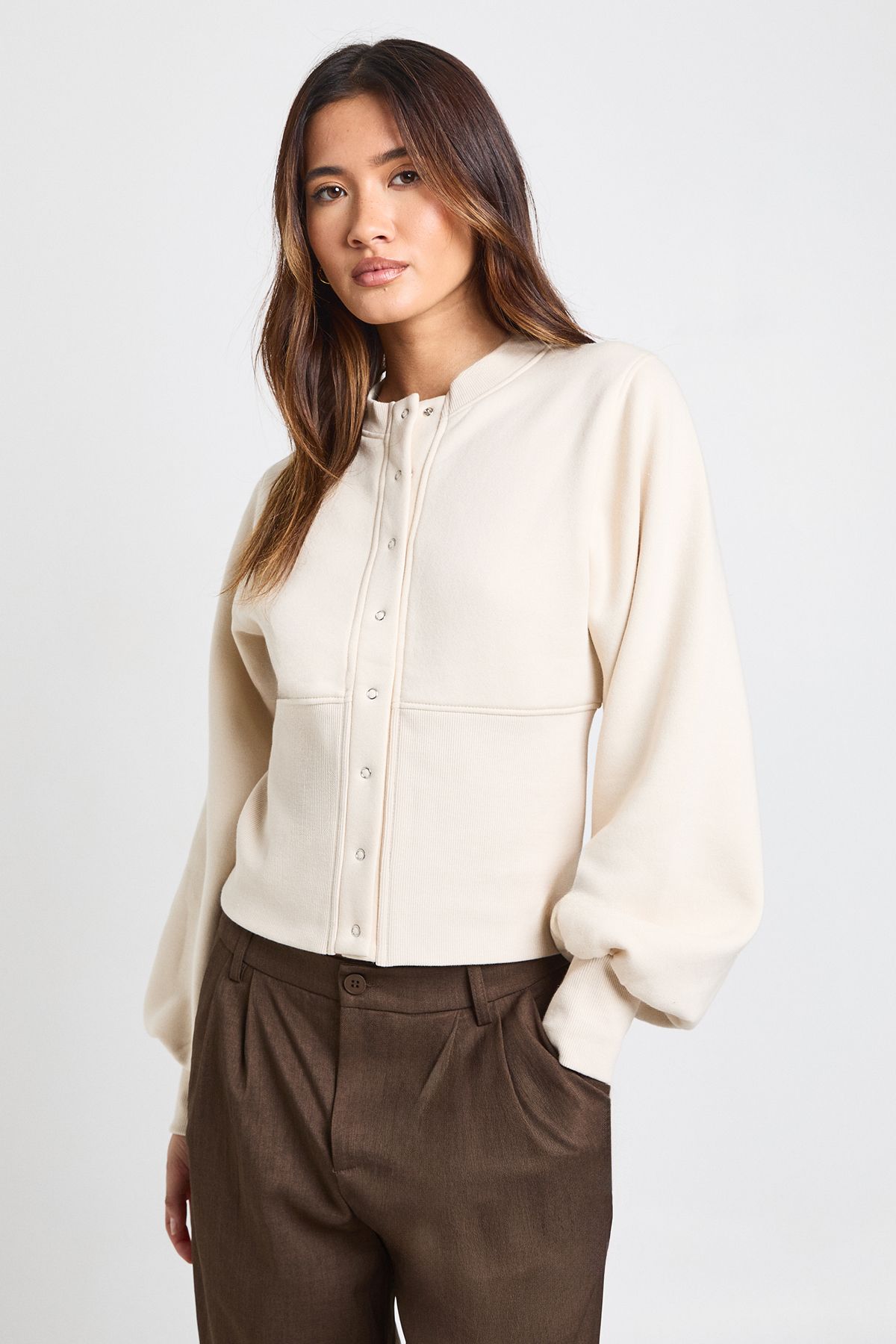 Balloon Sleeve Cinched Waist Popper Sweatshirt