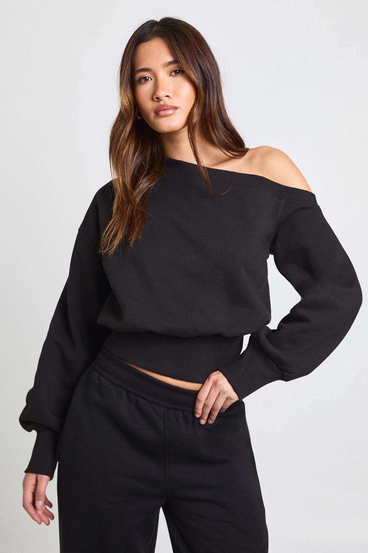 Off Shoulder Cinched Waist Sweatshirt