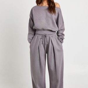 Off Shoulder Sweatshirt And Pleated Jogger Tracksuit