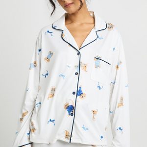 Puppy Bow Print Long Sleeve Shirt & Trouser 3 Piece Pyjama Set