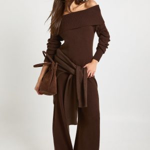 Chunky Knitted Bardot Jumper and Straight Leg Trouser Co-Ord