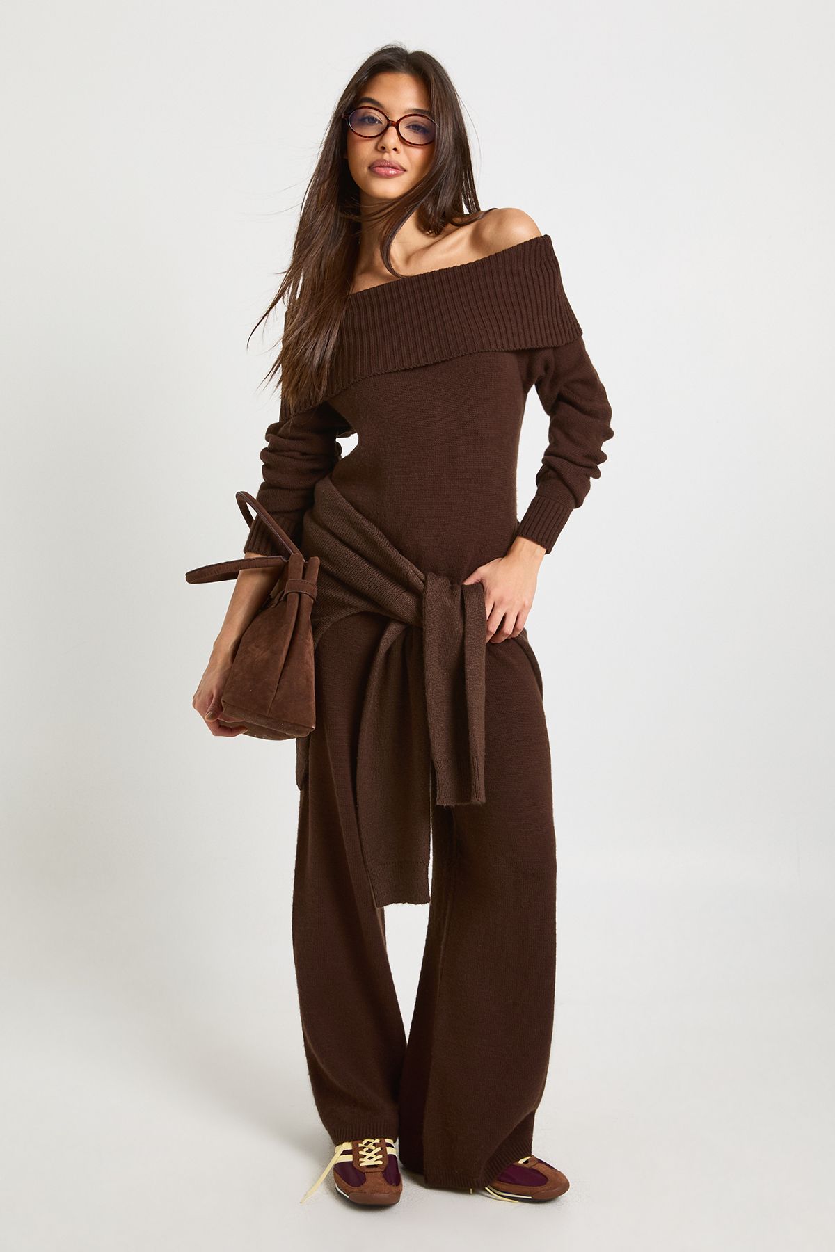 Chunky Knitted Bardot Jumper and Straight Leg Trouser Co-Ord