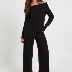Chunky Knitted Bardot Jumper and Straight Leg Trouser Co-Ord
