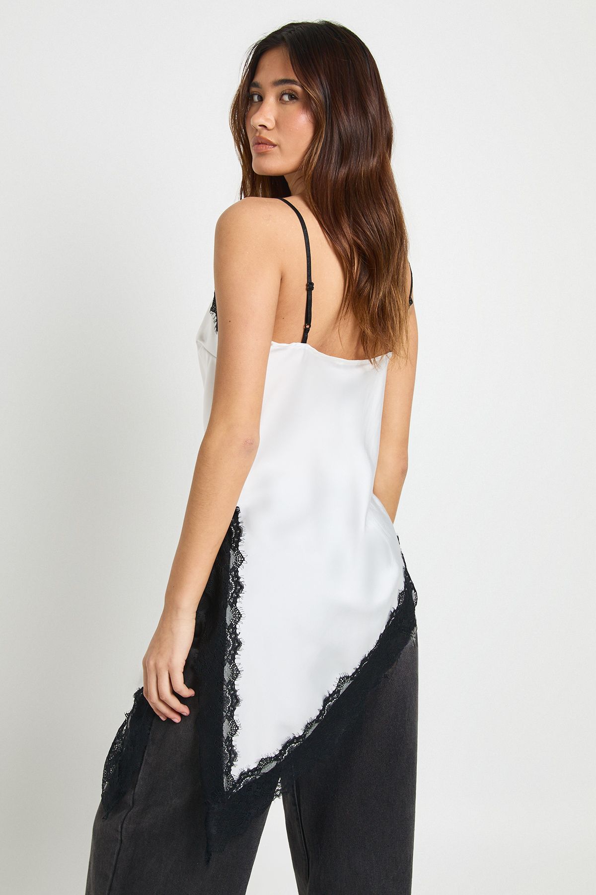 Satin Lace Contrast Longline Cami - Image 2