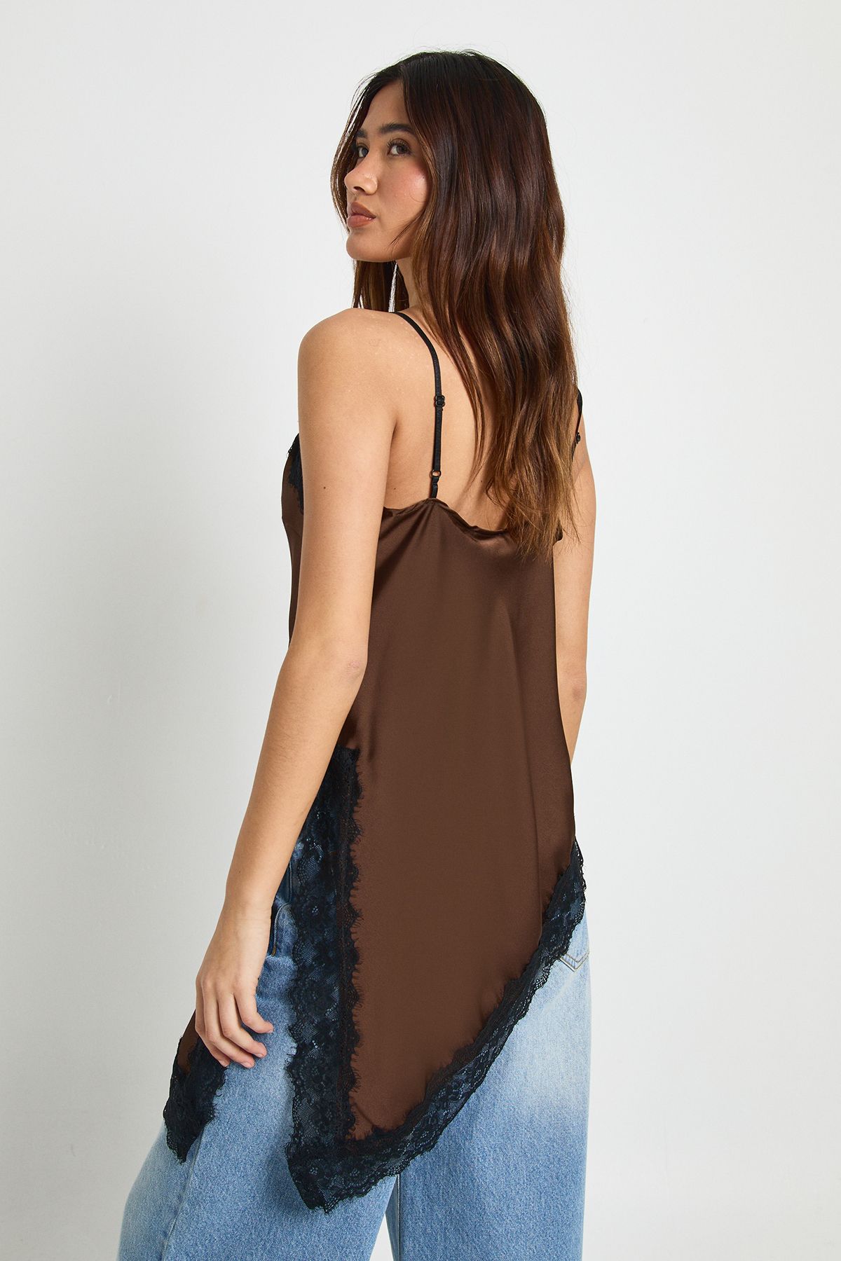 Satin Lace Contrast Longline Cami - Image 2
