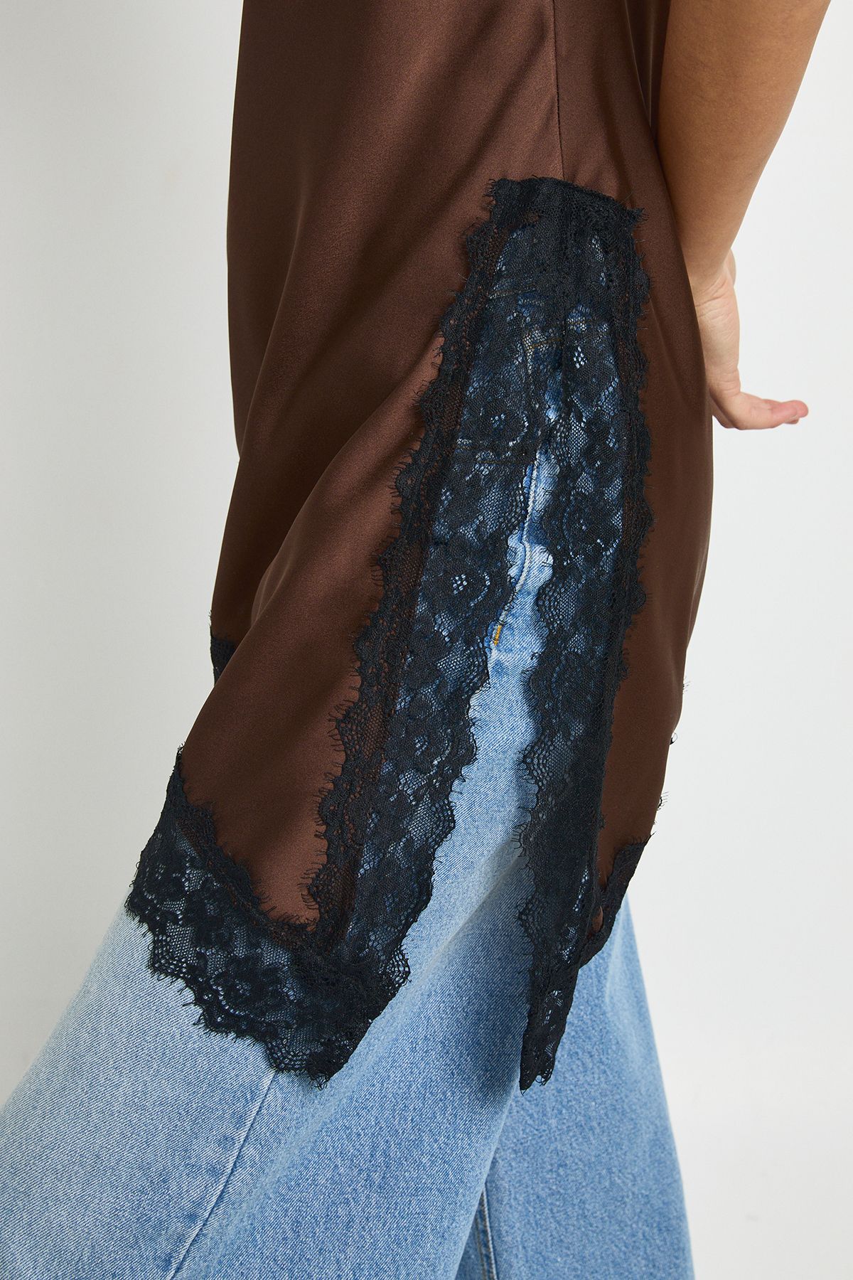 Satin Lace Contrast Longline Cami - Image 4