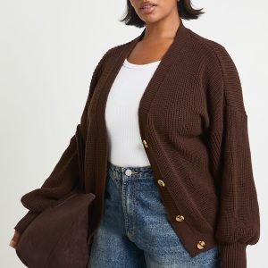 Plus Balloon Sleeve Button Through Rib Cardigan