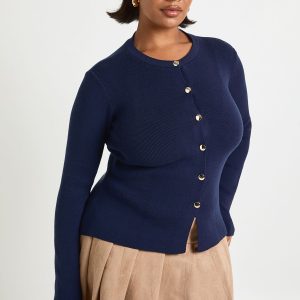 Plus Gold Button Crew Neck Peplum Cardigan