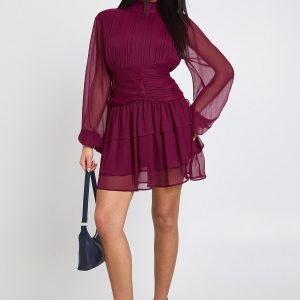 High Neck Gathered Chiffon Mini Dress