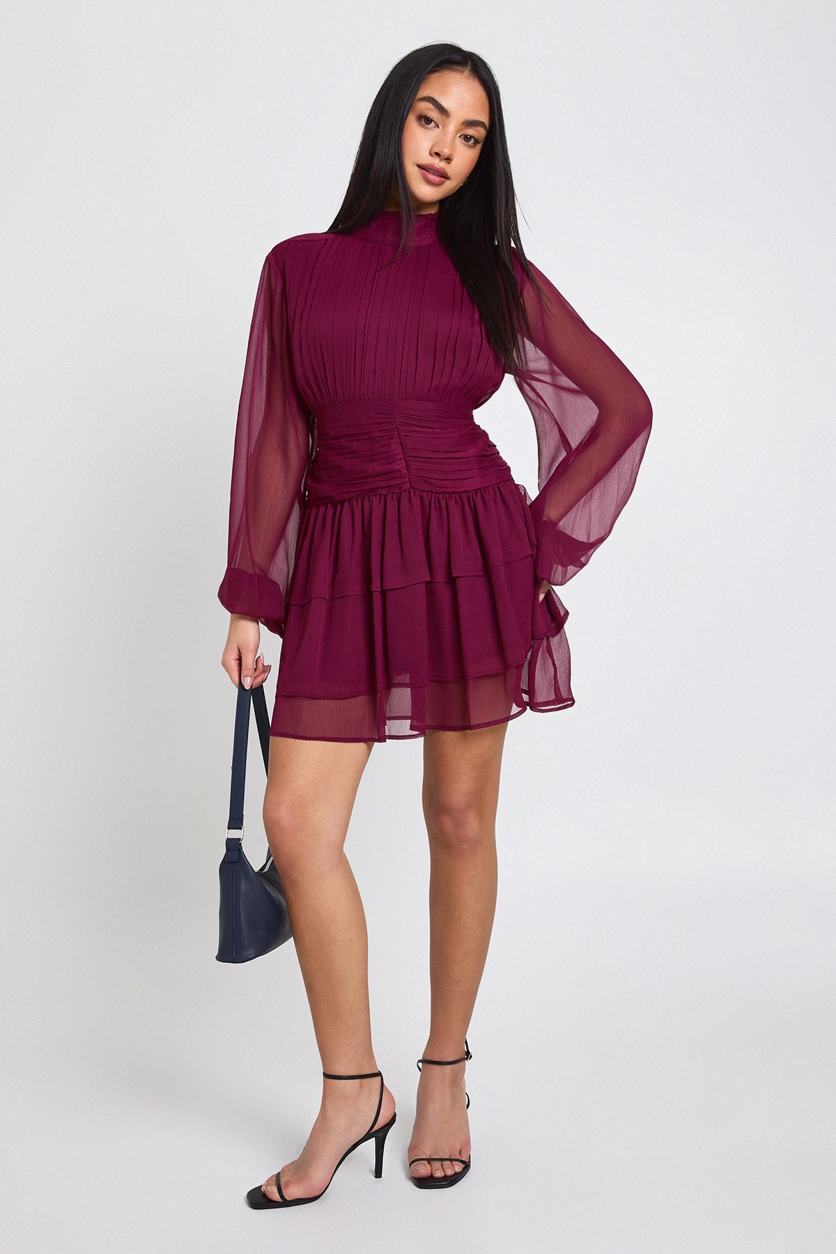 High Neck Gathered Chiffon Mini Dress