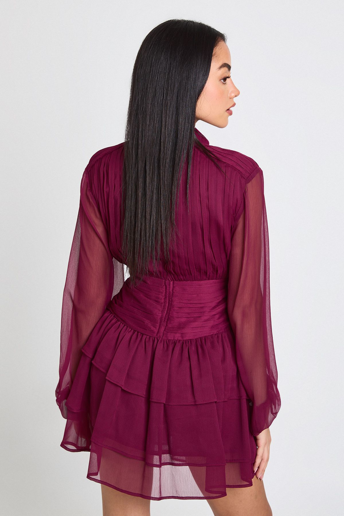High Neck Gathered Chiffon Mini Dress - Image 2