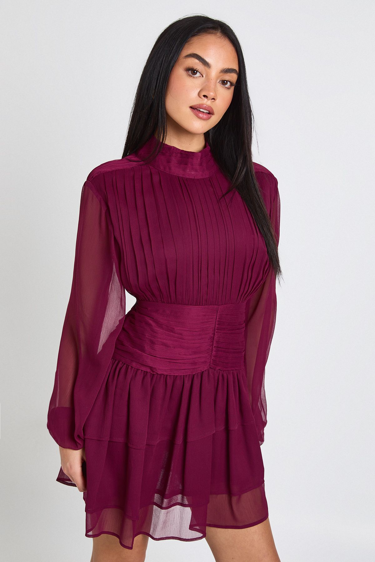High Neck Gathered Chiffon Mini Dress - Image 3