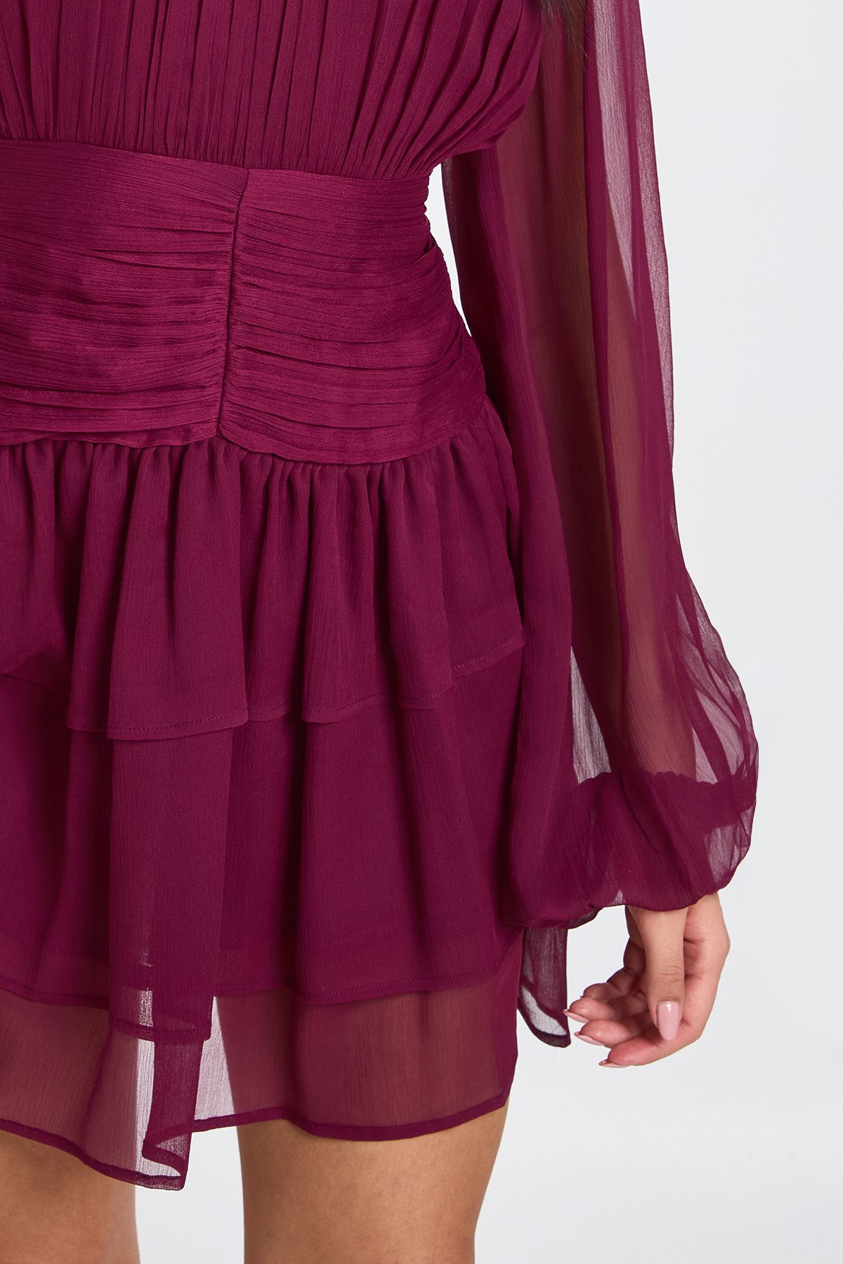High Neck Gathered Chiffon Mini Dress - Image 4
