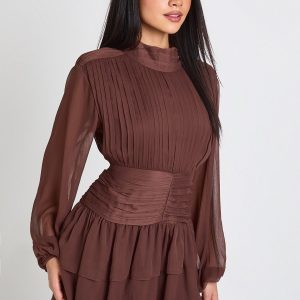 High Neck Gathered Chiffon Mini Dress