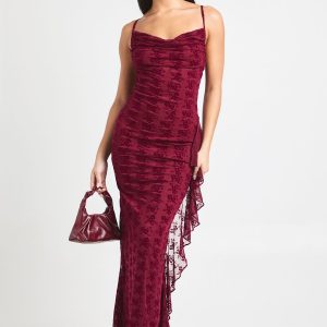 Devore Cowl Neck Ruffle Maxi Dress