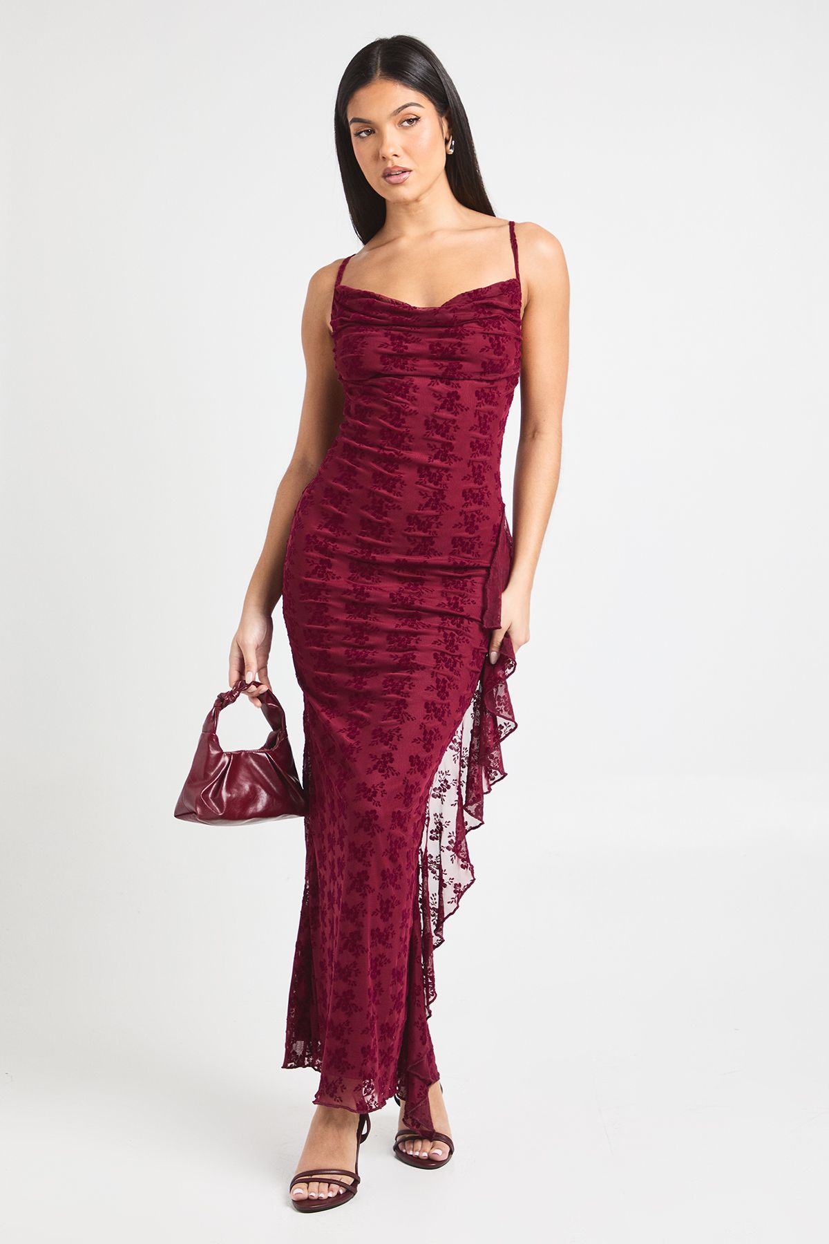 Devore Cowl Neck Ruffle Maxi Dress