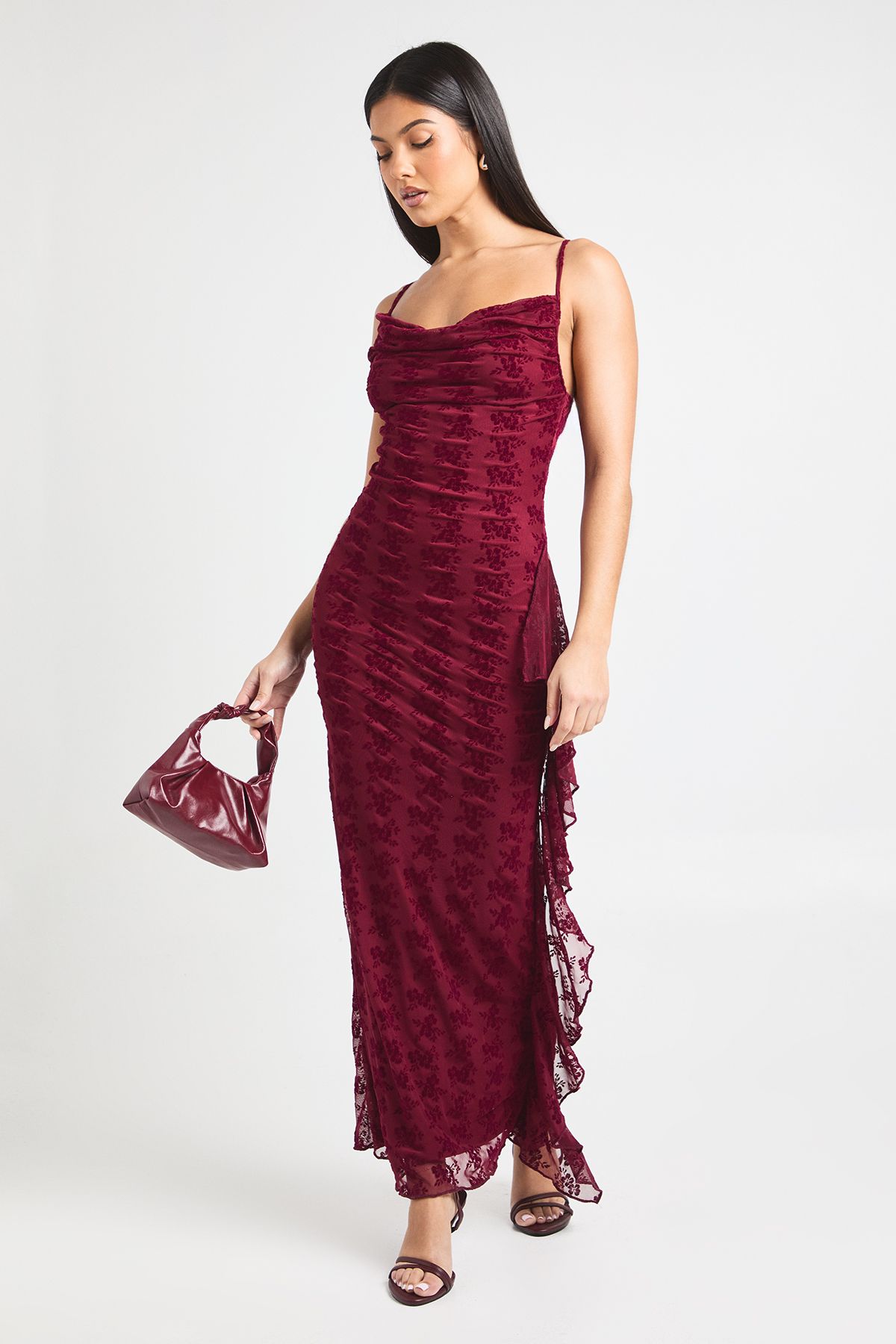 Devore Cowl Neck Ruffle Maxi Dress - Image 3