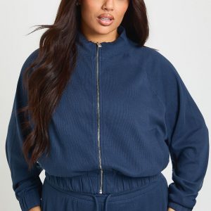 Plus Rib Funnel Neck Zip Up Jacket