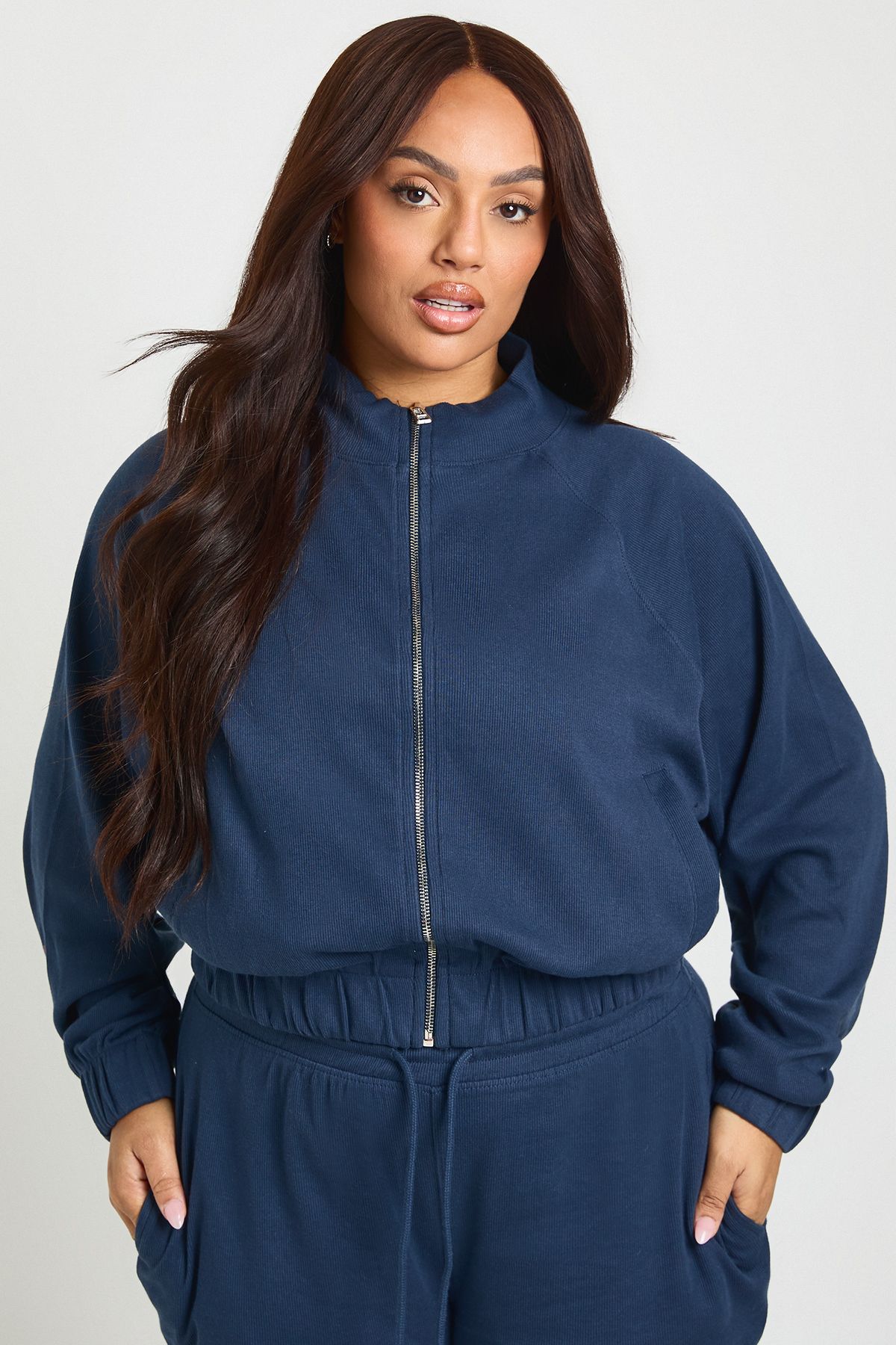 Plus Rib Funnel Neck Zip Up Jacket