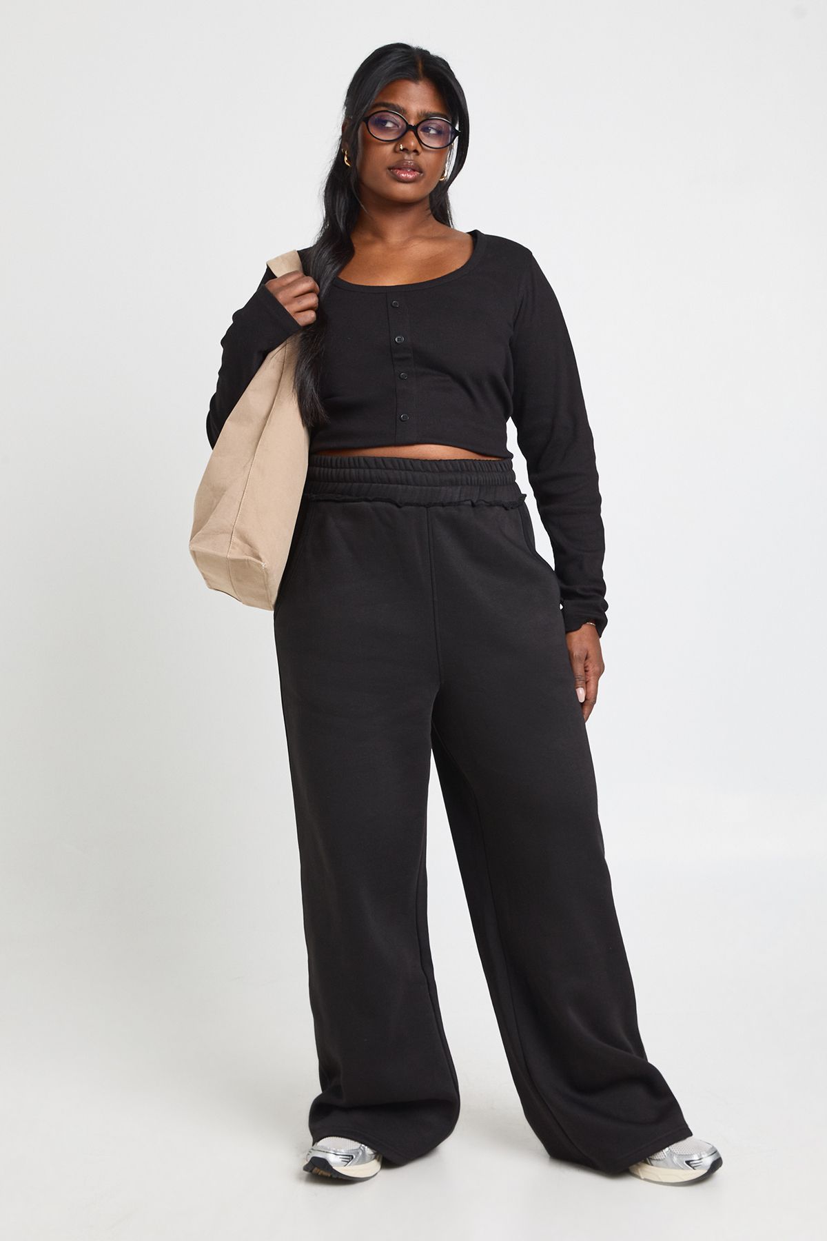 Plus Distressed Waistband Wide Leg Joggers