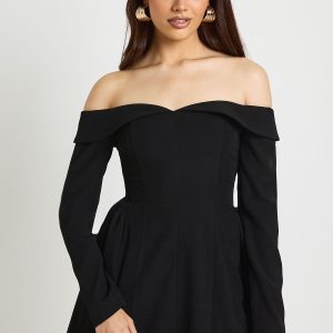 Long Sleeve Bardot Structured Skater Dress