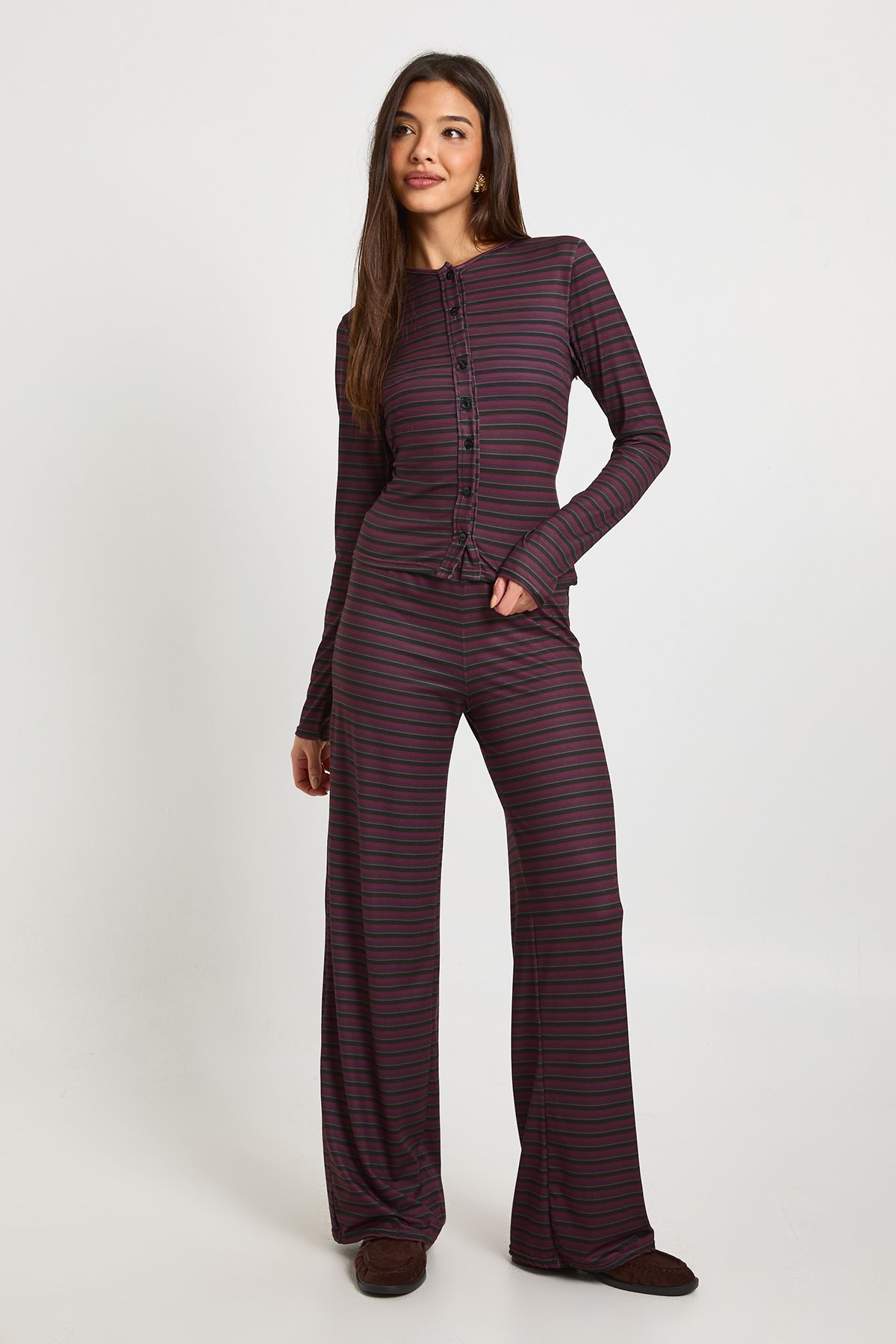 Stripe Button Through Long Sleeve Top & Trouser Co Ord - Image 3