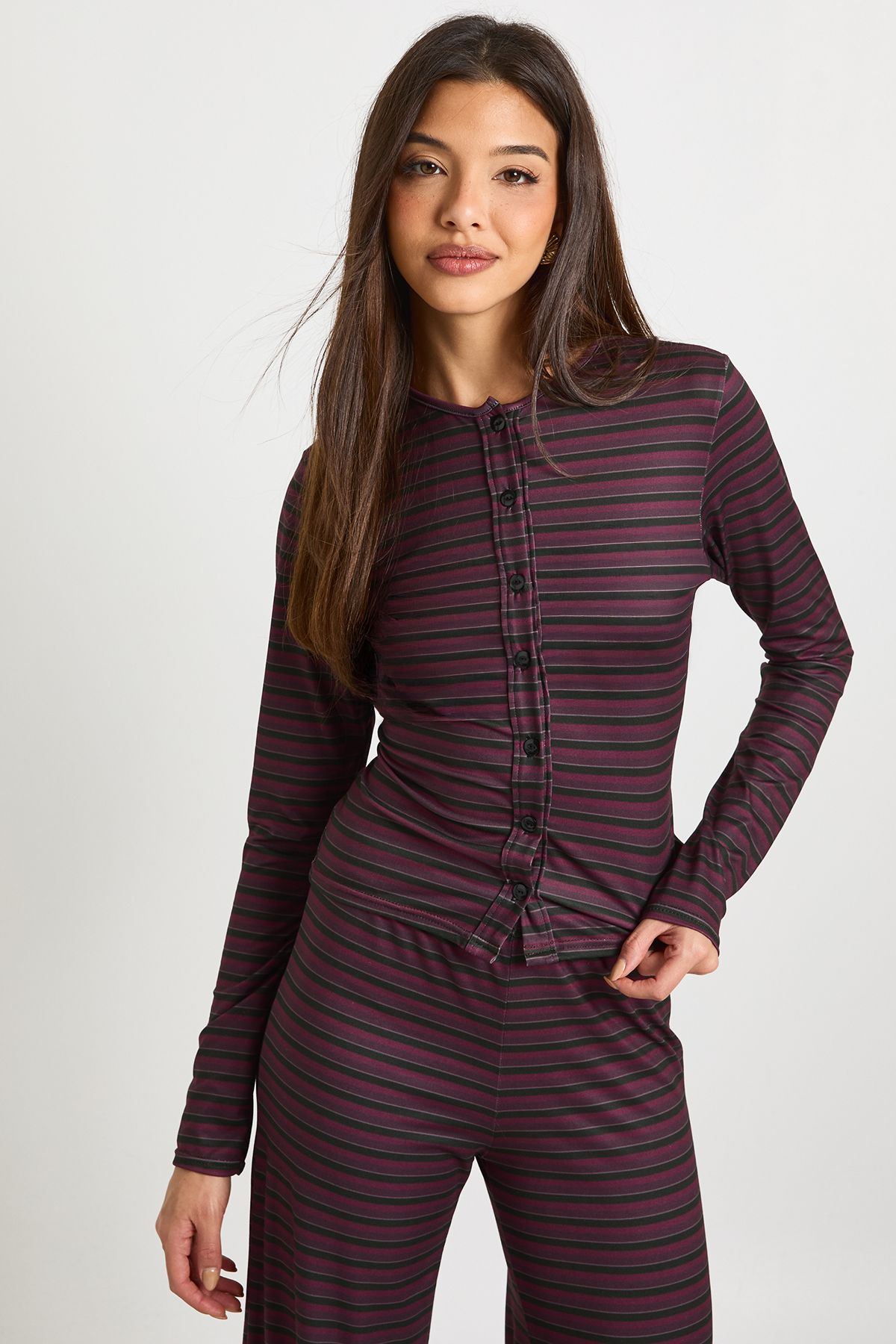 Stripe Button Through Long Sleeve Top & Trouser Co Ord - Image 4