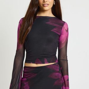 Floral Printed Mesh Flare Sleeve Scoop Back Top