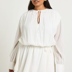 Plus Chiffon Blouson Ruffle Tie Belt Skater Dress