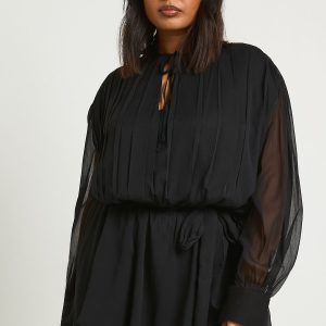 Plus Chiffon Blouson Ruffle Tie Belt Skater Dress