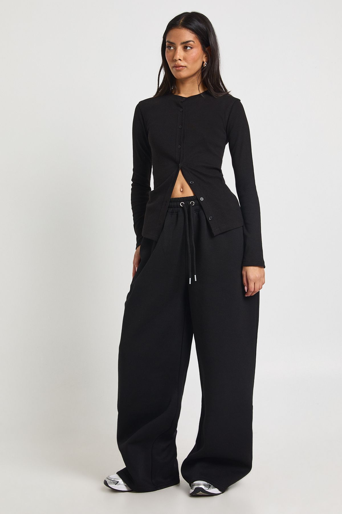 Rib Button Through Long Sleeve Top Tracksuit
