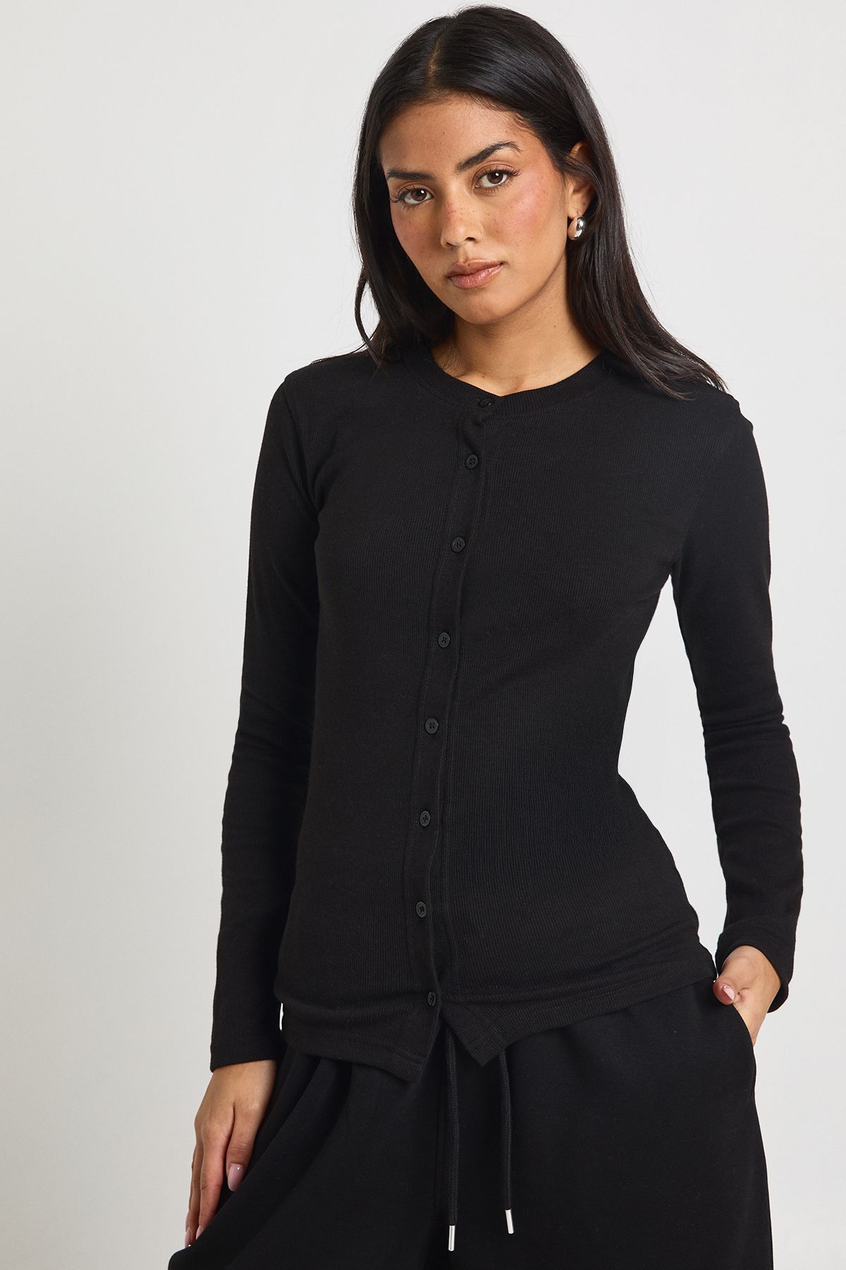 Rib Button Through Long Sleeve Top Tracksuit - Image 3