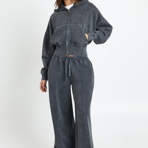 Washed Cinched Waist Double Zip Hoodie Tracksuit