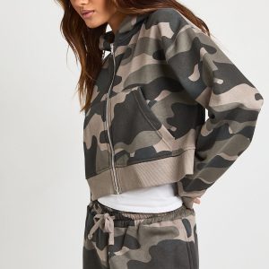 Camo Print Fitted Zip Through Crop Hoodie