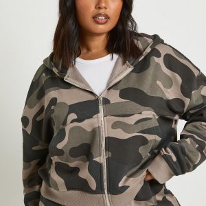 Plus Camo Print Fitted Zip Through Crop Hoodie