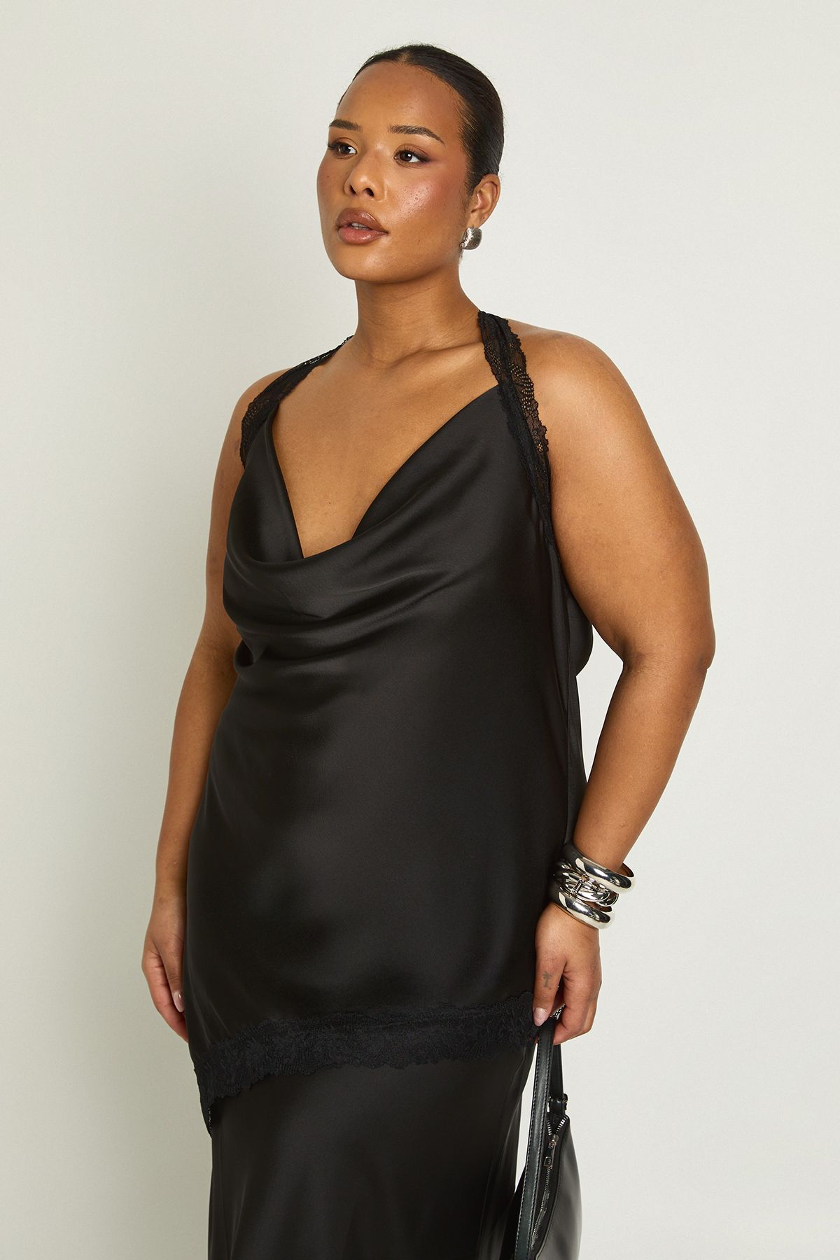 Plus Satin Lace Trim Asymmetric Cowl Neck Top