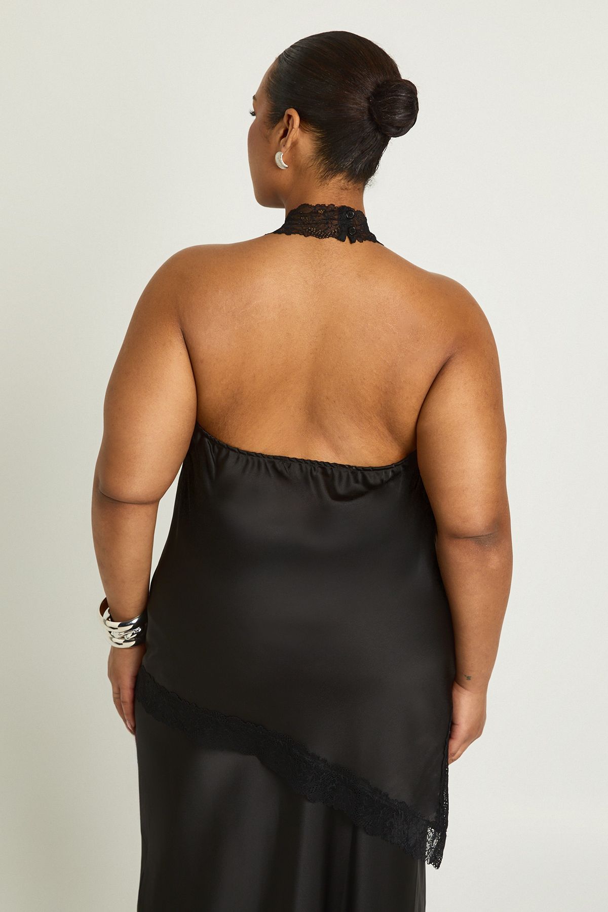 Plus Satin Lace Trim Asymmetric Cowl Neck Top - Image 2
