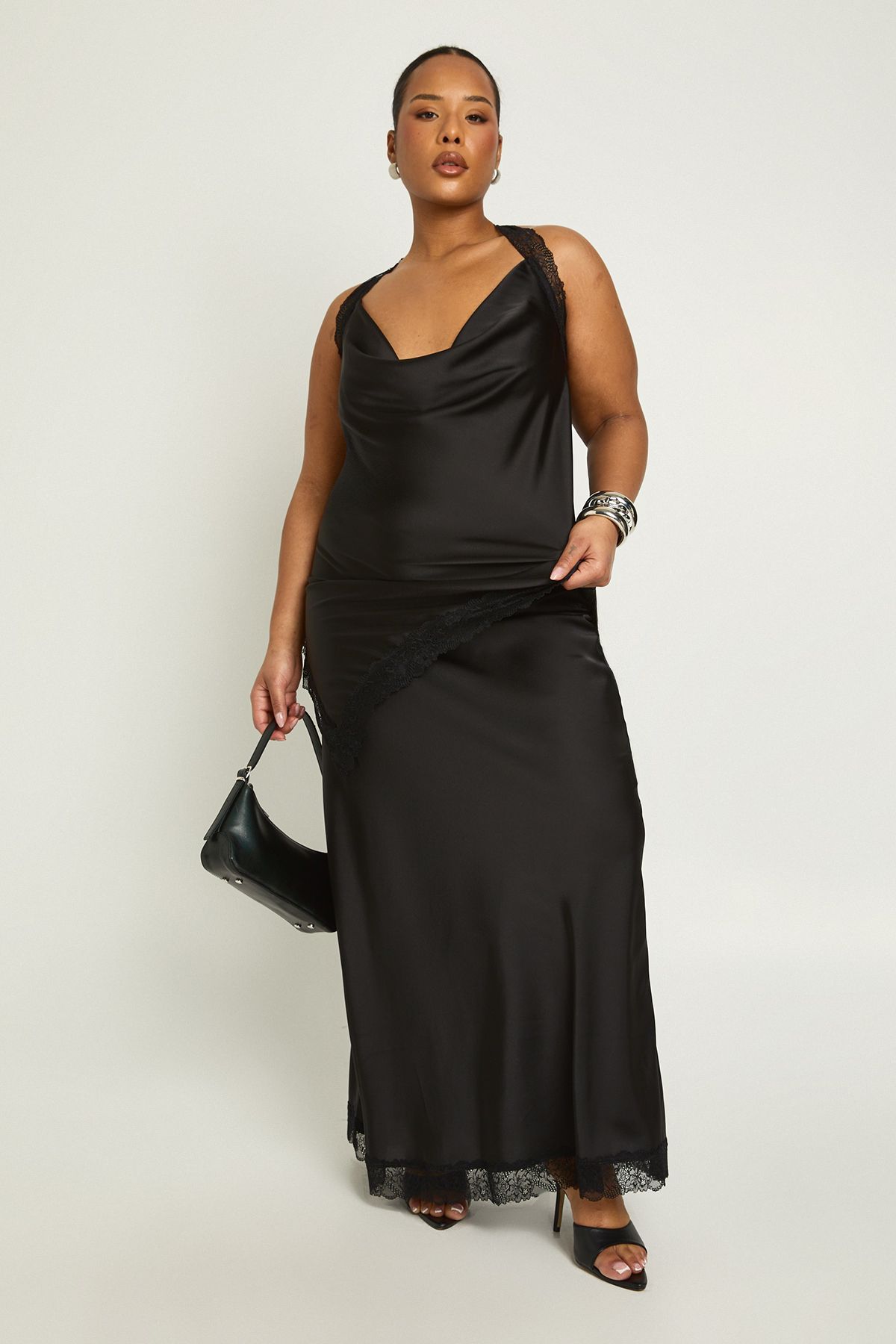 Plus Satin Lace Trim Asymmetric Cowl Neck Top - Image 3