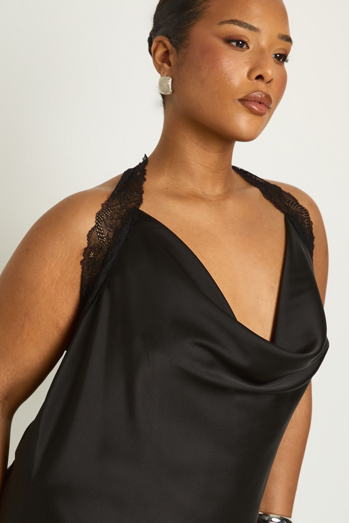 Plus Satin Lace Trim Asymmetric Cowl Neck Top - Image 4