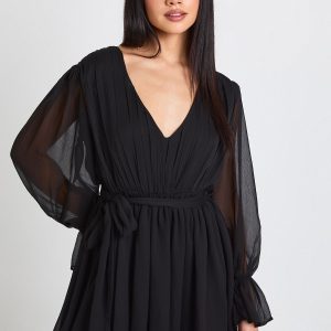 Chiffon Volume Sleeve  Tie Waist Mini Dress