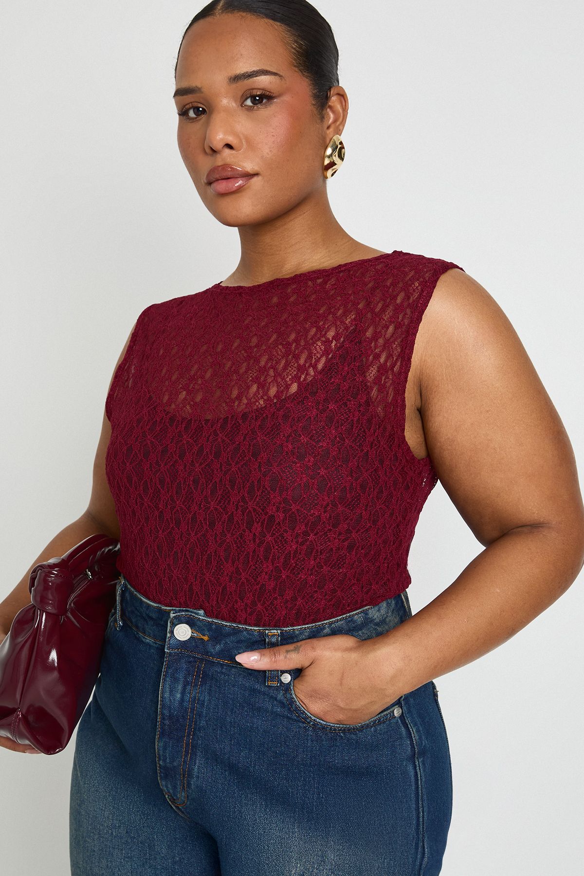 Plus Lace Racer Neck Bodysuit - Image 3