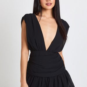 Chiffon Ruched Detail Plunge Front Mini Dress
