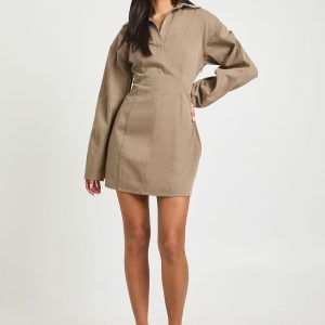 Twill Cinched Waist Shirt Dress