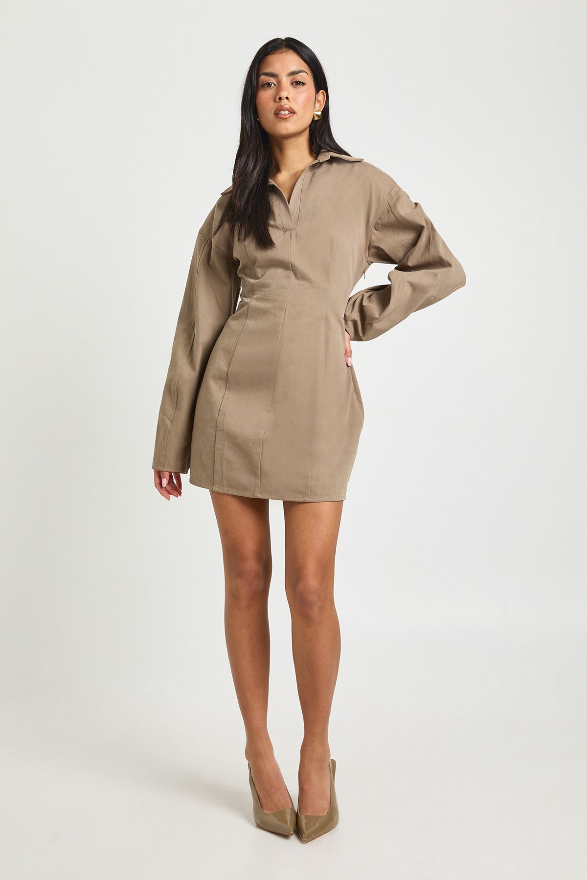 Twill Cinched Waist Shirt Dress