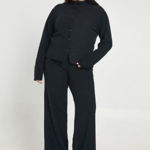 Plus Funnel Neck Button Up Knit Top and Trouser Co Ord