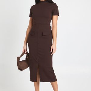 Crepe High Neck Pocket Detail Midi Dress