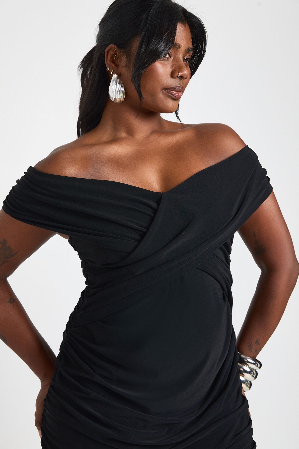 Plus Bardot Ruched Mesh Skirt Maxi Dress - Image 4