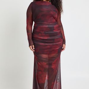 Plus Floral Ruched Mesh Maxi Dress