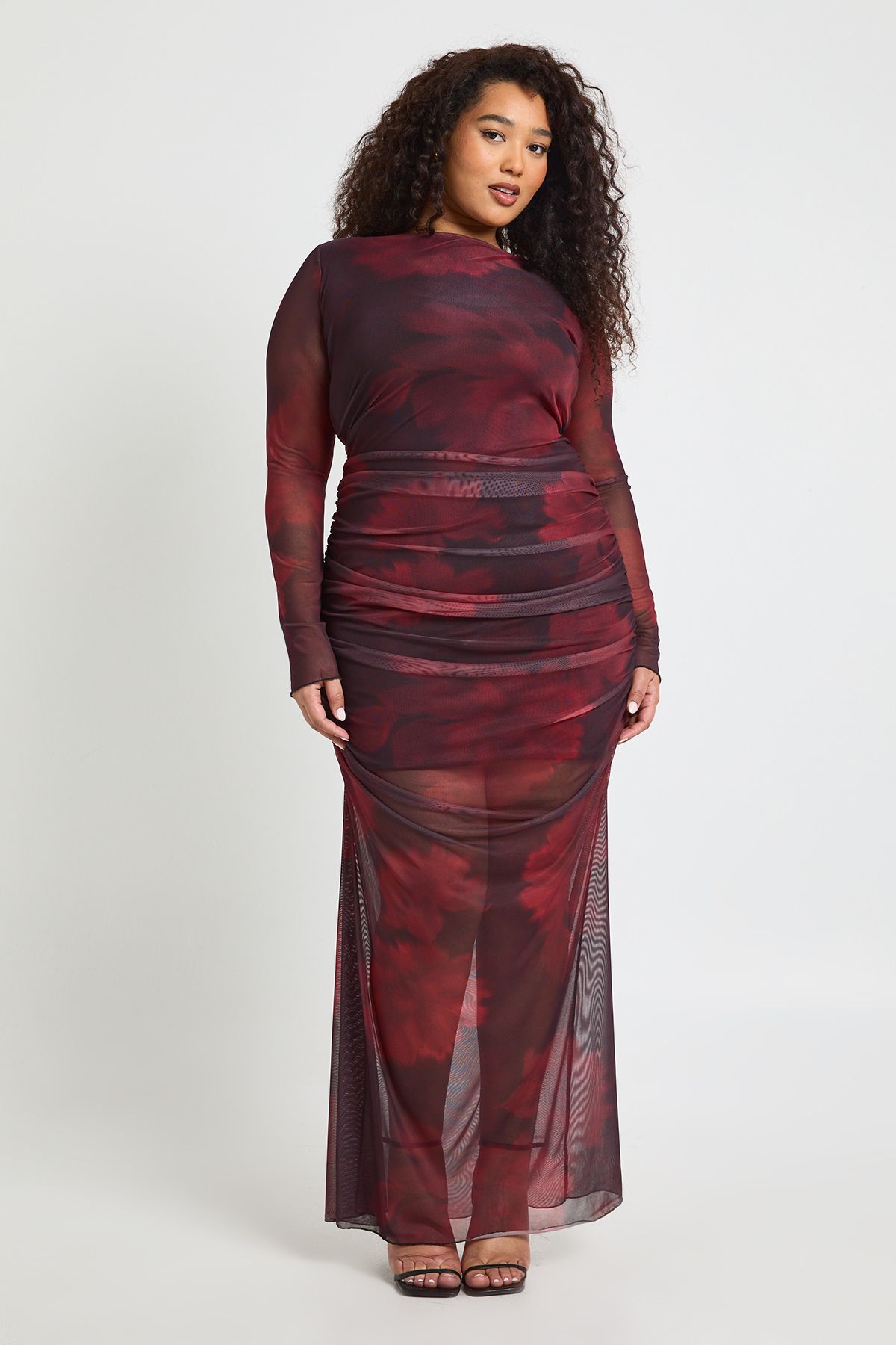 Plus Floral Ruched Mesh Maxi Dress