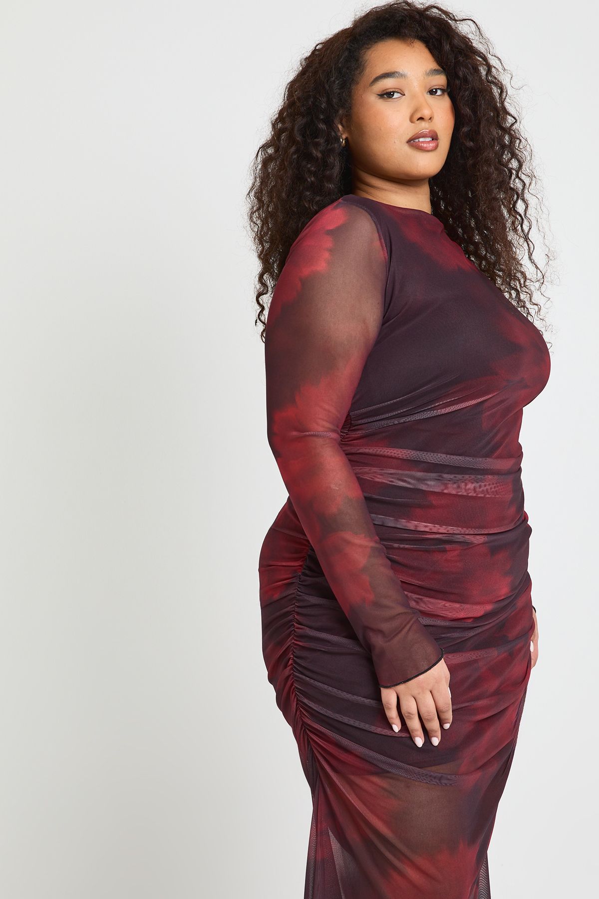 Plus Floral Ruched Mesh Maxi Dress - Image 3